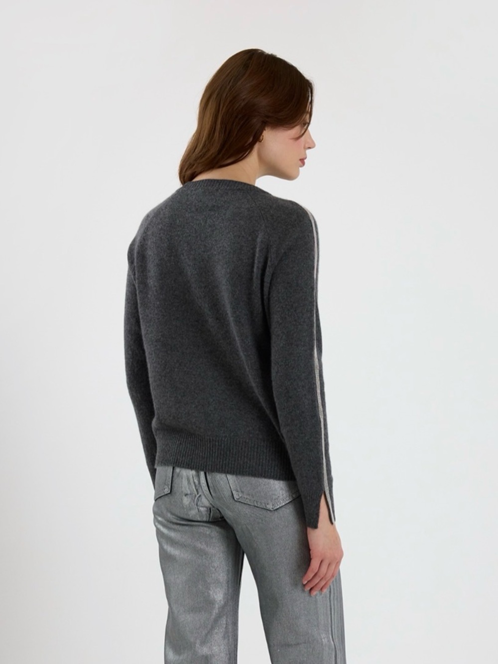 BRODIE CASHMERE glitz split cuff crew sweater in derby grey - Picture 2 of 10